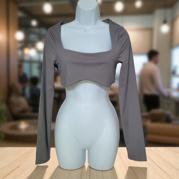 FOREVER 21 Gray Long-Sleeve Curve Cropped Top Square Neckline -US L - Picture 1 of 7